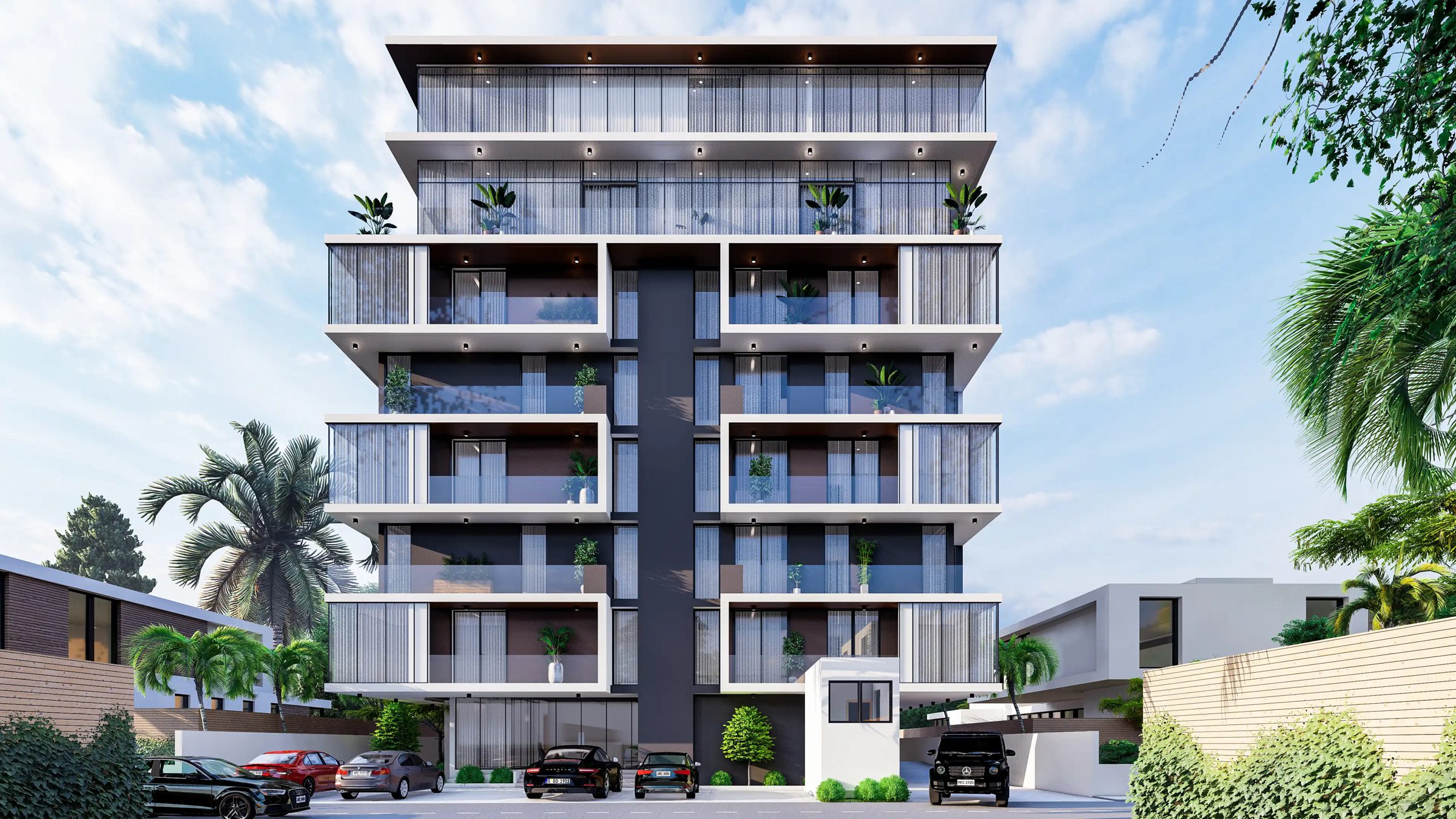 Modern apartment building with balconies and landscaped grounds